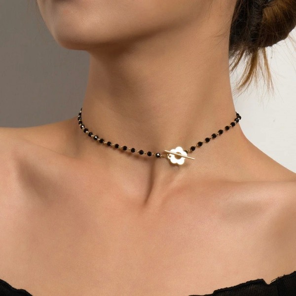 Collier ras du cou en perles de verre noir pour femme, fleur Lariat luxe.|1,79 €|OKKO MODE