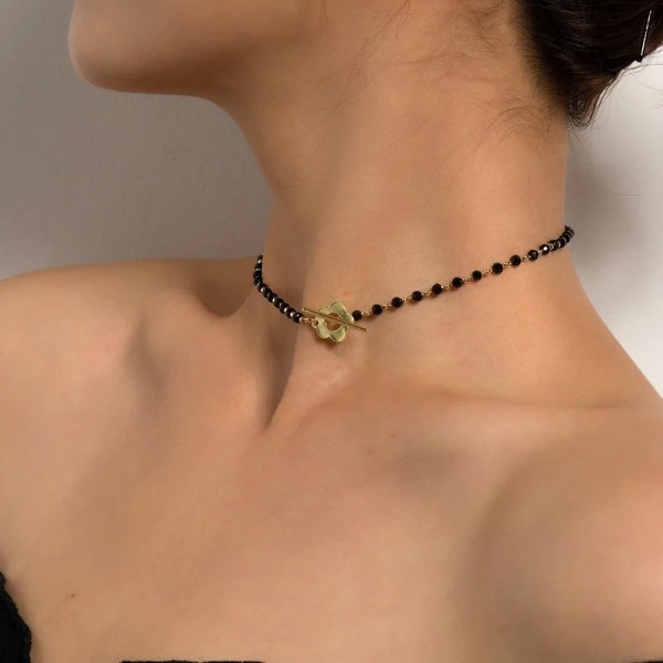 Collier ras du cou en perles de verre noir pour femme, fleur Lariat luxe.|1,79 €|OKKO MODE