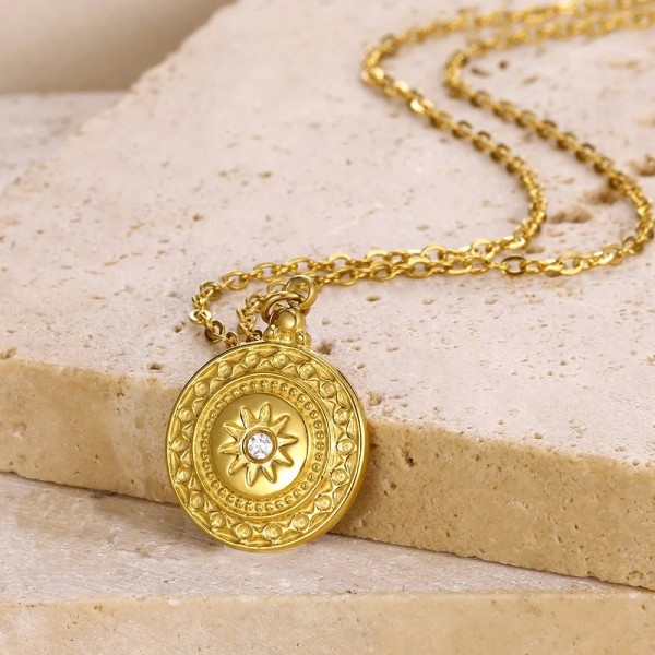 Collier pendentif rond soleil pour femme en acier inoxydable étanche|1,79 €|OKKO MODE