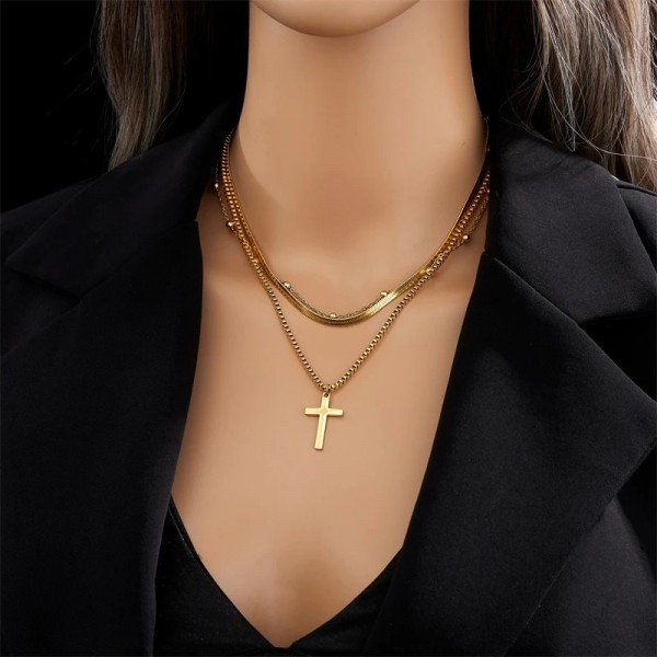 Collier En Acier Inoxydable Croix Double Chaîne pour Femmes Punk Design À La Mode Personnalité Bijoux De Mode|3,59 €|OKKO MODE