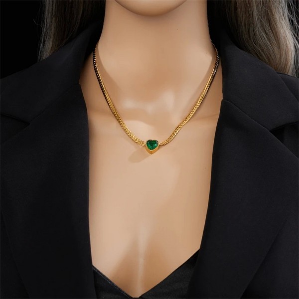 Collier pendentif coeur en acier inoxydable pour femme, bijoux en cristal blanc et vert|2,69 €|OKKO MODE