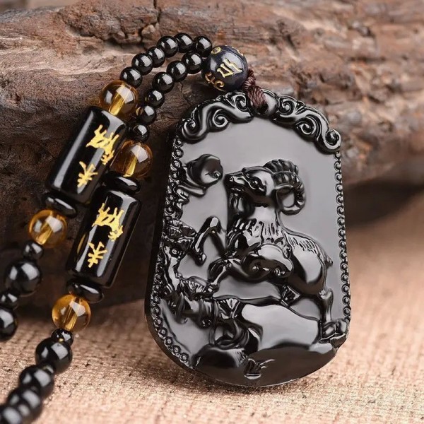 Collier pendentif en obsidienne vintage dragon zodiaque homme sculpté mascotte chinoise amulette porte-bonheur|2,69 €|OKKO MODE