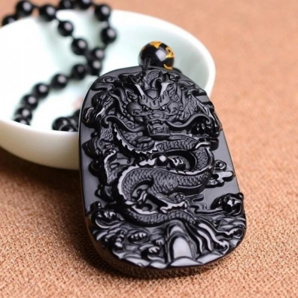 Collier pendentif en obsidienne vintage dragon zodiaque homme sculpté mascotte chinoise amulette porte-bonheur|2,69 €|OKKO MODE