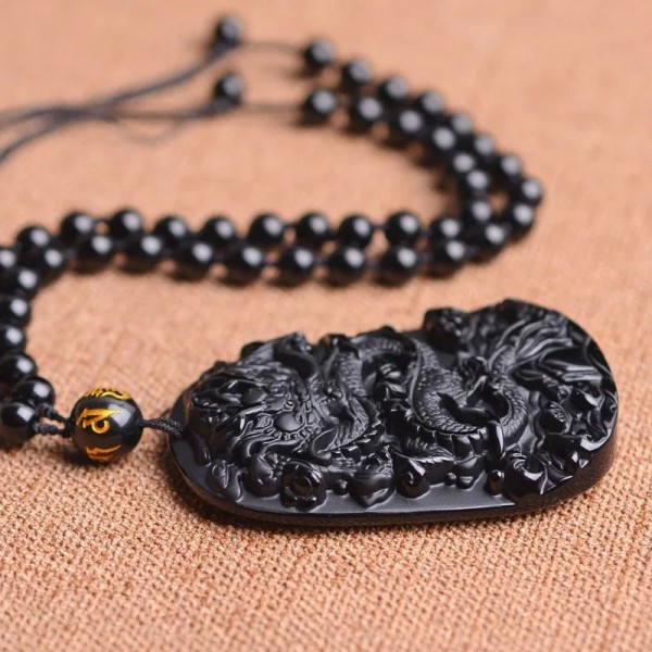 Collier pendentif en obsidienne vintage dragon zodiaque homme sculpté mascotte chinoise amulette porte-bonheur|2,69 €|OKKO MODE