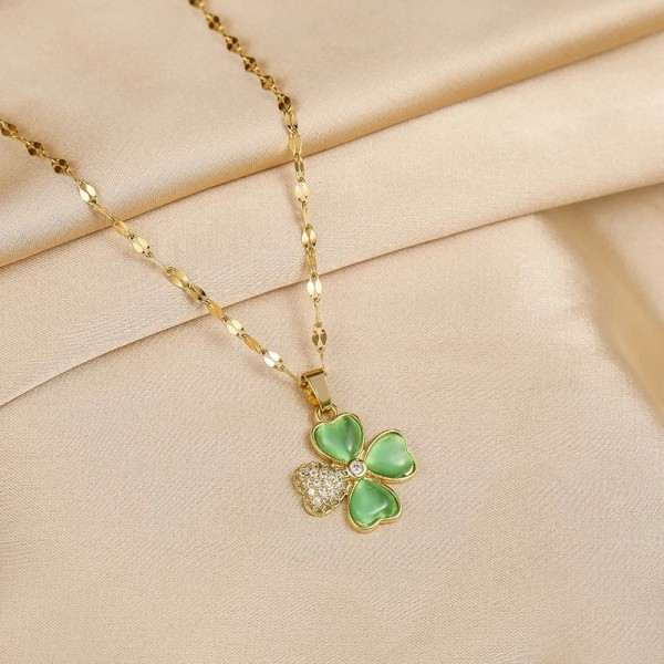 Collier en acier inoxydable pour femmes, vert clair pendentif fleur quatre cœurs mode coréenne Sexy bijoux de fête|2,00 €|OKKO MODE