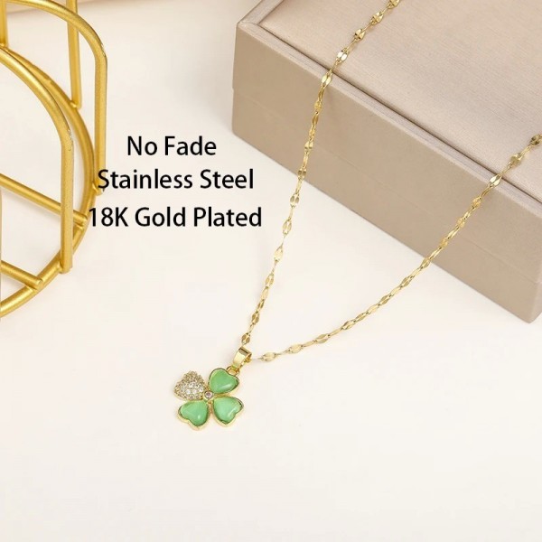 Collier en acier inoxydable pour femmes, vert clair pendentif fleur quatre cœurs mode coréenne Sexy bijoux de fête|2,00 €|OKKO MODE