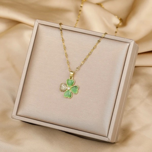 Collier en acier inoxydable pour femmes, vert clair pendentif fleur quatre cœurs mode coréenne Sexy bijoux de fête|2,00 €|OKKO MODE