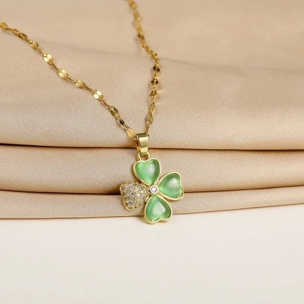 Collier en acier inoxydable pour femmes, vert clair pendentif fleur quatre cœurs mode coréenne Sexy bijoux de fête|2,00 €|OKKO MODE