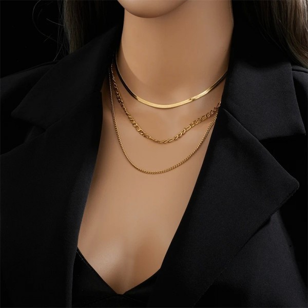 Collier à 3 chaînes en acier inoxydable 316L pour femmes, couleur or, tendance Punk Street|3,59 €|OKKO MODE