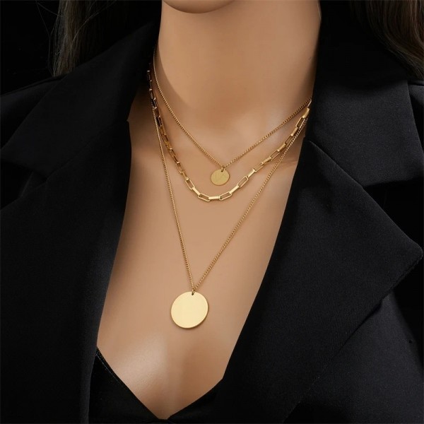 Collier à pendentif rond en acier inoxydable 316L, 3 en 1 pour femmes et filles - Chaîne multicouche tendance|3,59 €|OKKO MODE