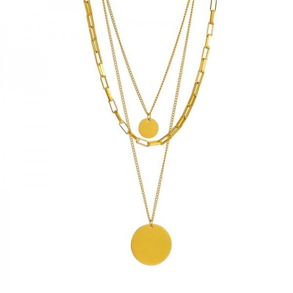 Collier à pendentif rond en acier inoxydable 316L, 3 en 1 pour femmes et filles - Chaîne multicouche tendance|3,59 €|OKKO MODE