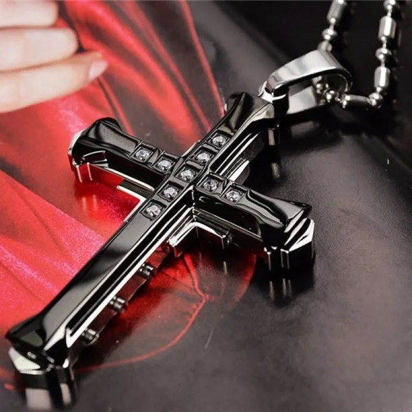 Collier pendentif croix en cristal pour homme, acier inoxydable or noir bleu|1,79 €|OKKO MODE