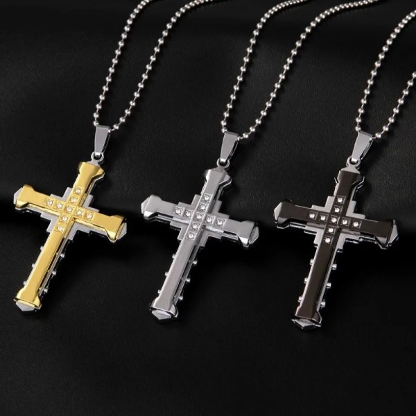 Collier pendentif croix en cristal pour homme, acier inoxydable or noir bleu|1,79 €|OKKO MODE