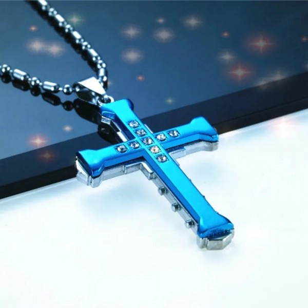 Collier pendentif croix en cristal pour homme, acier inoxydable or noir bleu|1,79 €|OKKO MODE