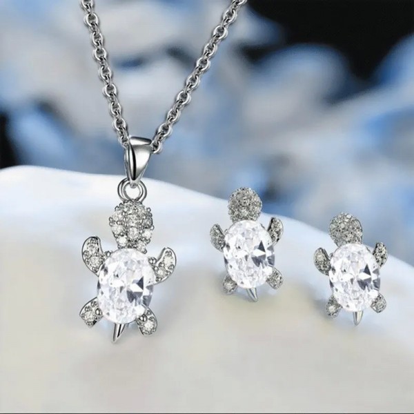 Ensemble collier et boucles d'oreilles argent pour femme, tortue diamant verre multi-documents|1,79 €|OKKO MODE