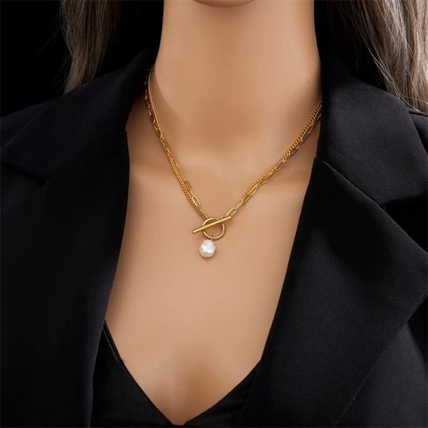 Collier pendentif perle en acier inoxydable pour femme, fermoir OT, 2 couches - cadeaux de fête JOJewelry|2,00 €|OKKO MODE