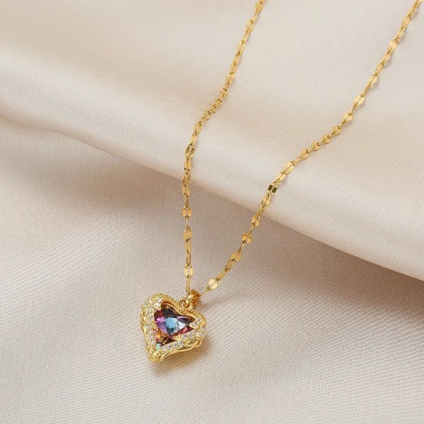 Collier pendentif coeur d'océan en cristal coloré pour femme, acier inoxydable|1,79 €|OKKO MODE