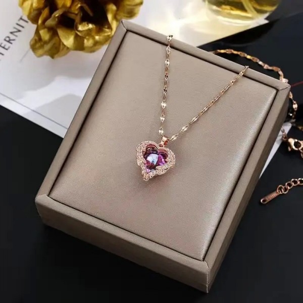 Collier pendentif coeur d'océan en cristal coloré pour femme, acier inoxydable|1,79 €|OKKO MODE