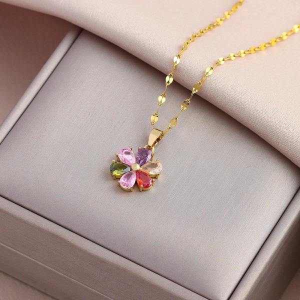 Collier pendentif fleur en cristal pour femme, acier inoxydable, clavicule coloré style vintage|3,59 €|OKKO MODE