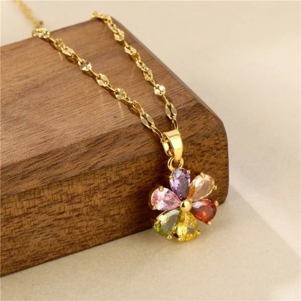 Collier pendentif fleur en cristal pour femme, acier inoxydable, clavicule coloré style vintage|3,59 €|OKKO MODE