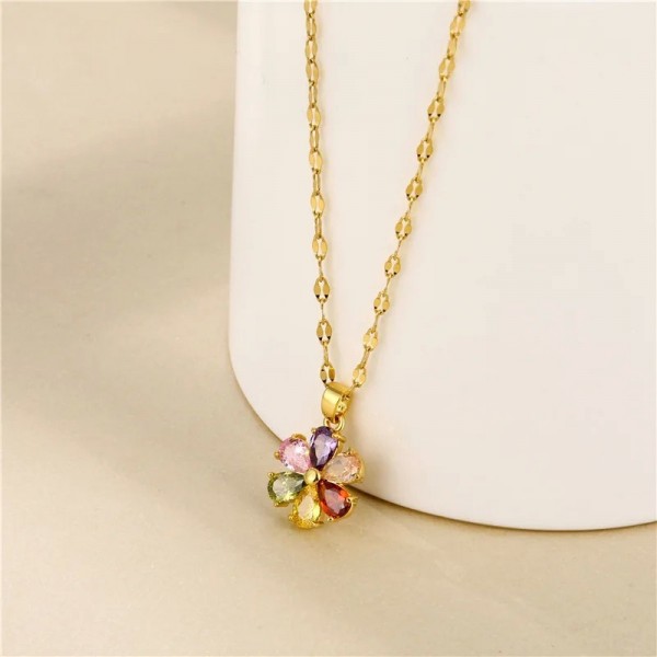 Collier pendentif fleur en cristal pour femme, acier inoxydable, clavicule coloré style vintage|3,59 €|OKKO MODE