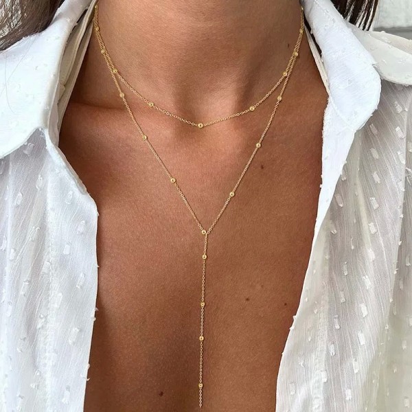 Collier Lariat plaqué or pour femmes, long tour de cou à double laryère avec pendentif JODstress|1,79 €|OKKO MODE