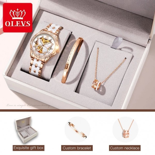 "OLEVS-Seton Montre Automatique Femme, Bracelet Céramique Blanc, Luxe Élégant"|81,17 €|OKKO MODE