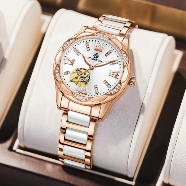 "Orkhr Montre Automatique Luxe Femme, Céramique Or Rose Design Seton"|35,09 €|OKKO MODE