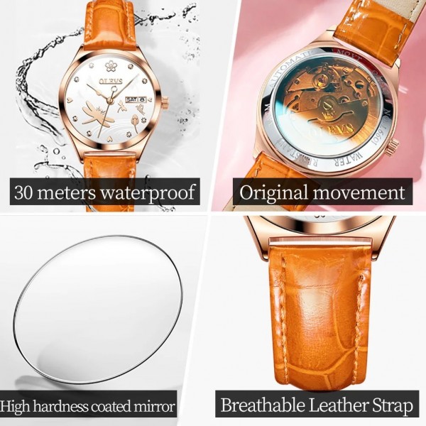 "Montre Femme OLVES 6611, Mécanique Automatique, Bracelet Cuir Orange Étanche"|80,99 €|OKKO MODE