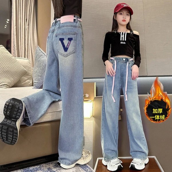 Fashionable Wide Leg Denim Jeans for Teen Girls, Insulated Casual Fall Style