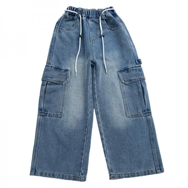 Jean Cargo à Taille Élastique et Jambes Larges pour Fille - Pantalon Décontracté Streetwear Printemps|12,24 €|OKKO MODE