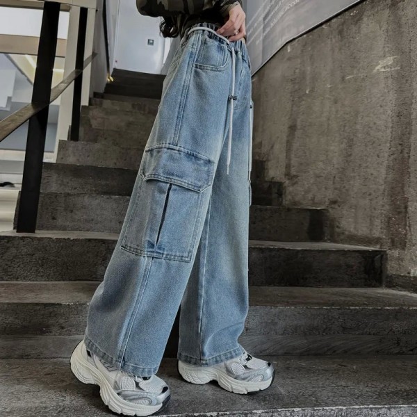 Jean Cargo à Taille Élastique et Jambes Larges pour Fille - Pantalon Décontracté Streetwear Printemps|12,24 €|OKKO MODE