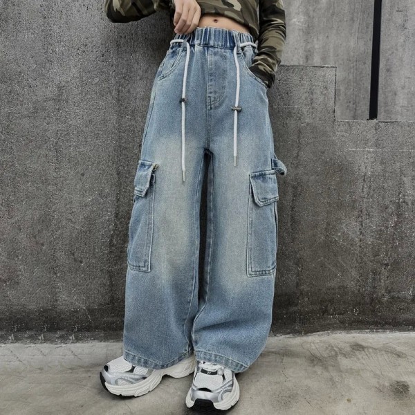 Jean Cargo à Taille Élastique et Jambes Larges pour Fille - Pantalon Décontracté Streetwear Printemps|12,24 €|OKKO MODE