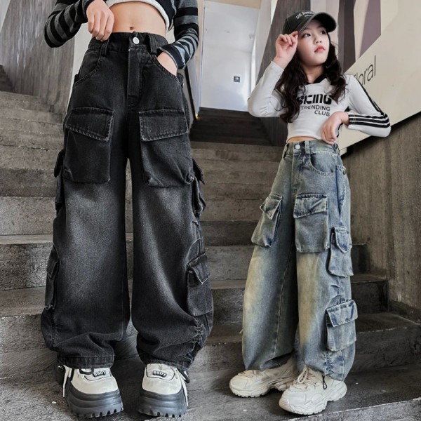 Wide Leg Cargo Jeans for Teens, Elastic Waist, Streetwear Design