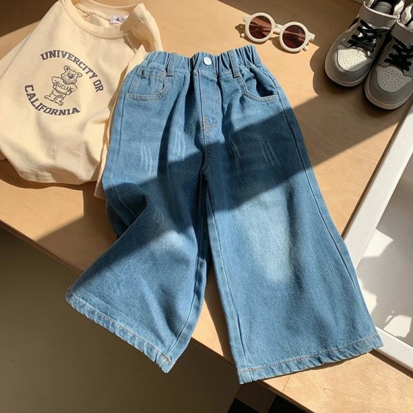 Pantalon en denim à taille élastique pour fille, jean droit en coton style rétro enfant bas âge automne|23,39 €|OKKO MODE