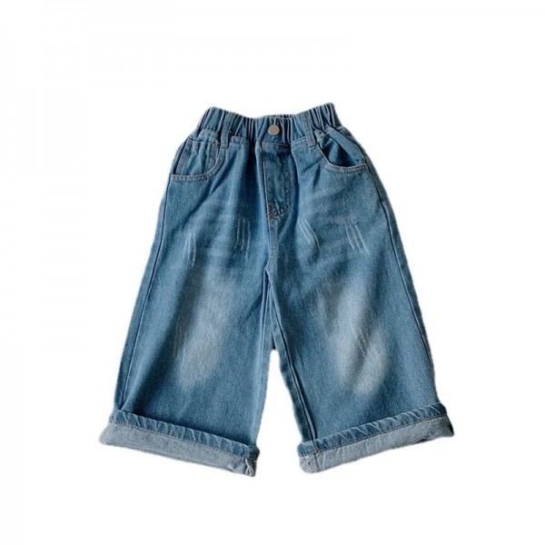 Pantalon en denim à taille élastique pour fille, jean droit en coton style rétro enfant bas âge automne|23,39 €|OKKO MODE