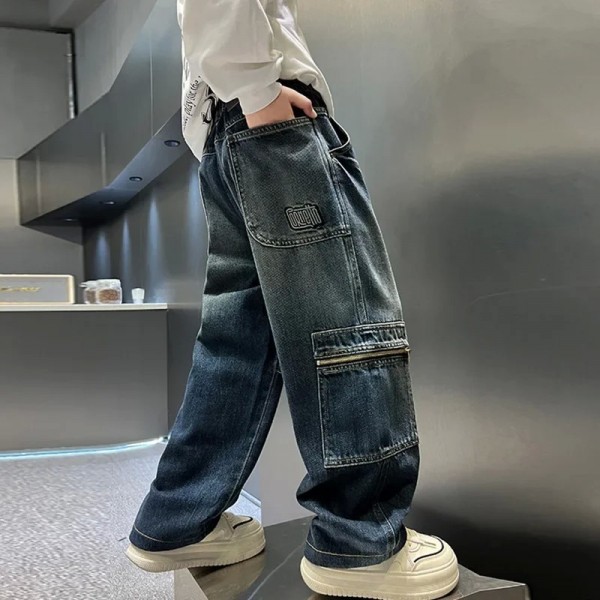 Jean Cargo Droit à Jambes Larges pour Garçon Adolescent et Enfant, Pantalon de Rue Frisé Printemps|14,39 €|OKKO MODE