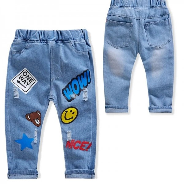 Jeans déchirés à imprimé dessin animé pour enfants, pantalons en denim pour bébés filles|13,49 €|OKKO MODE