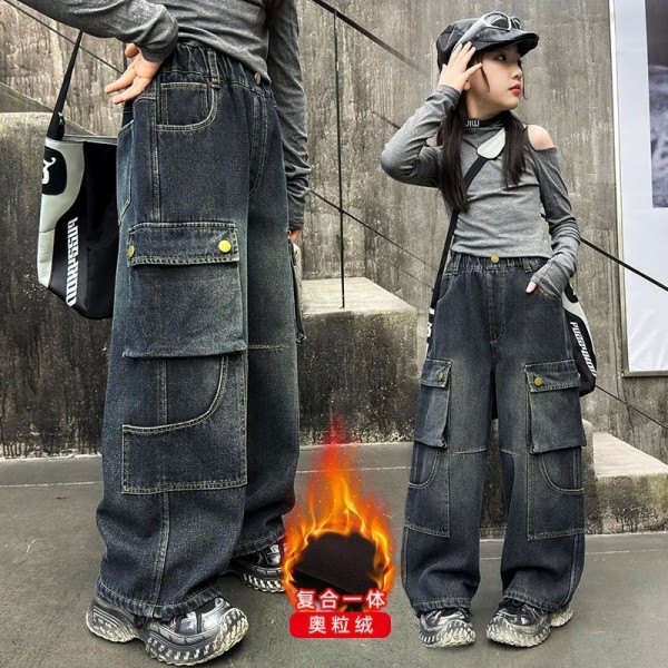 Jeans cargo rétro pour enfants, pantalons à jambes larges filles streetwear chaud denim optique adolescents|17,09 €|OKKO MODE