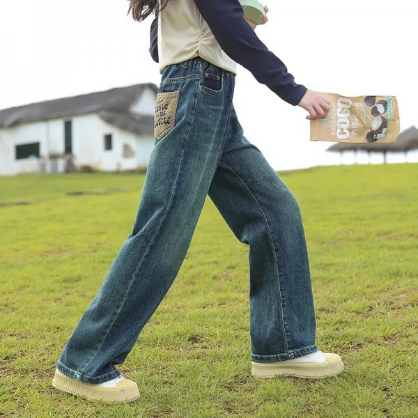 Pantalon en Denim Droit pour Bébé Fille et Adolescente, à Jambes Larges, Automne/Hiver|20,69 €|OKKO MODE