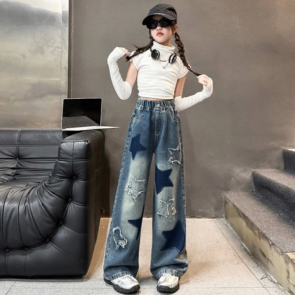 Pantalon en denim élastique à jambes larges pour adolescentes avec nœud, littérature star 12 ans|23,39 €|OKKO MODE