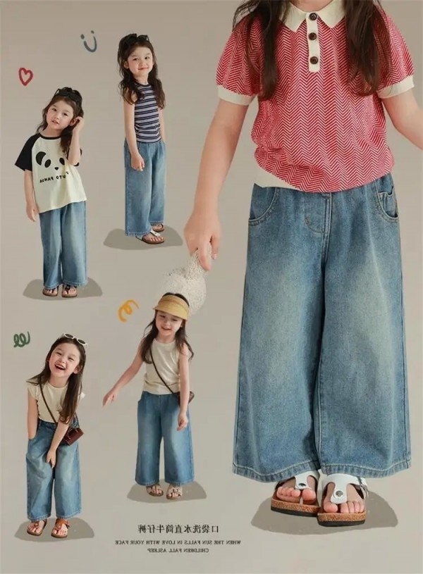 Elastic Waist Baggy Jeans for Girls 3-7 Years, Wide Leg Pants Multi-Pocket Summer Clothes
