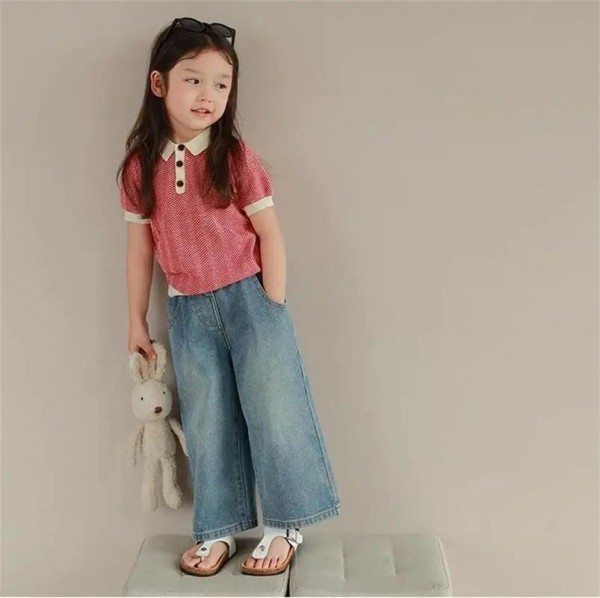 Jean Baggy à Taille élastique pour Fille 3-7 Ans, Pantalon Jambes Larges Multi-Poches Vêtements Été|7,97 €|OKKO MODE