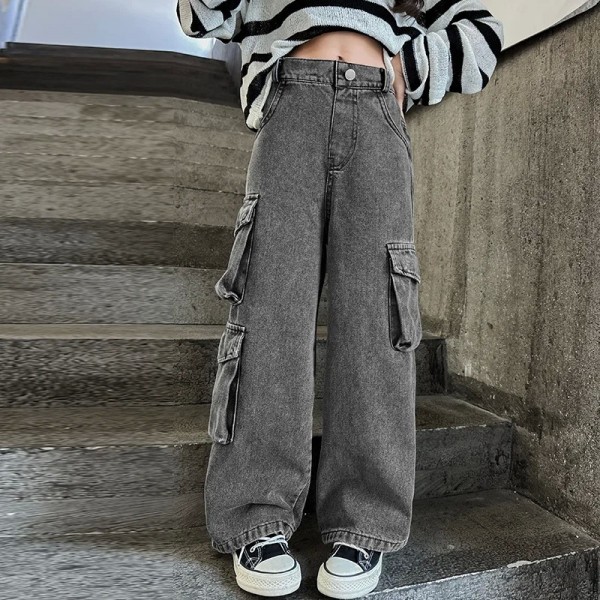 Jeans cargo gris rétro avec poche pour jeunes filles, pantalons en denim décontractés pour enfants|21,59 €|OKKO MODE