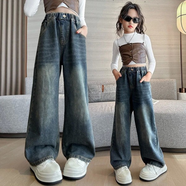 Jean à Poches et Brodé pour Fille, Pantalon en Denim Jambes Larges Enfant Adolescent 4-14 ans|17,01 €|OKKO MODE