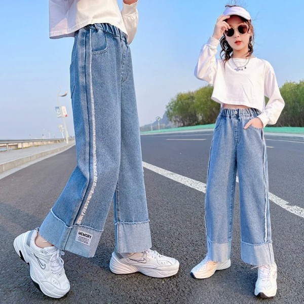 Jeans taille haute pour filles de 2 à 12 ans, pantalon droit élastique imprimé lettres|11,04 €|OKKO MODE