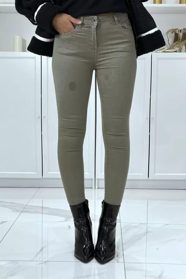 Jean slim kaki extensible avec fermeture zip - Poches pratiques