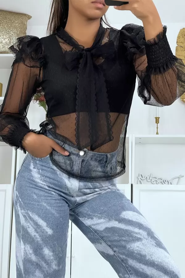 Blouse noire en tulle transparente, motif plumetis