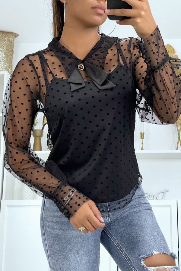 Blouse noire plumetis à col Claudine et noeud - 2