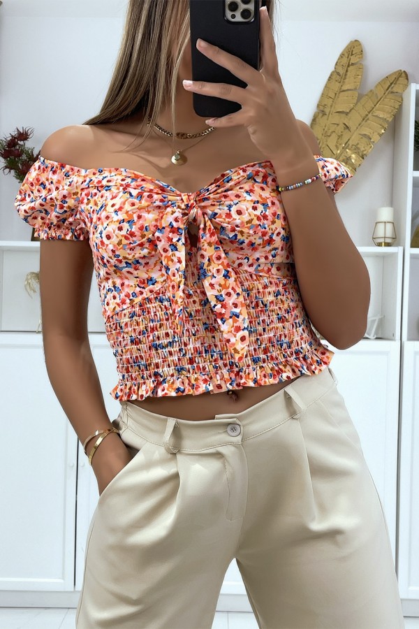 Crop top col bateau motif fleuris orange avec noeud - 2